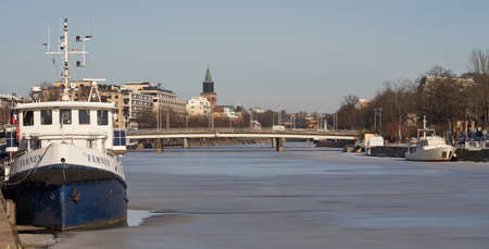 Turku, Finland - 08 April, 2022: A view of Aura river in Turku, Finland.のeditorial素材
