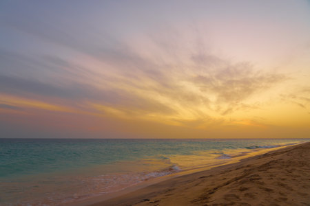 A colorful sunset on the Atlantic coast on the island of Sal in Cape Verde.の写真素材