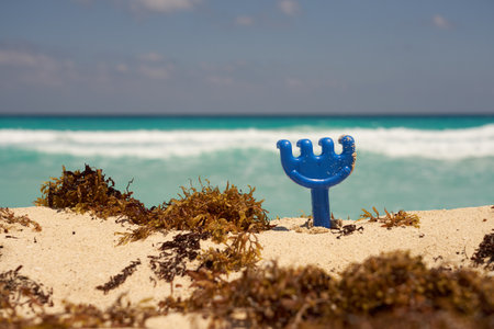 Plastic rakes in the sand on the tropical beach close up.の写真素材