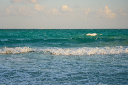 Waves with foam on the Caribbean coast in Mexico.の写真素材