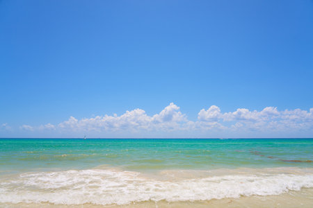 Waves with foam on the Caribbean coast in Mexicoの写真素材