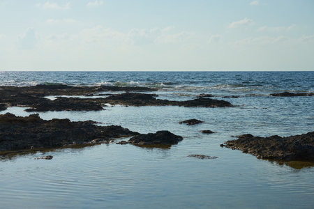 The stone coast of the Mediterranean Sea in Cyprus