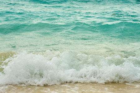 Waves and foam on a tropical sandy beach.の写真素材