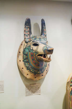 Egyptian art replica, mask of the god Anubis. Located at the Archeology Museum Ciro Flamarion Cardoso. Ponta Grossa, Parana State, Brazil. Apr-28-2015.のeditorial素材