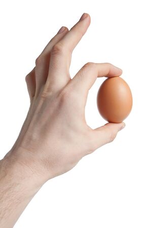 Brown egg in hand isolated on whiteの写真素材
