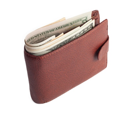 Brown wallet with money isolated on whiteの写真素材