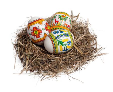 Easter eggs in nest isolated on whiteの写真素材