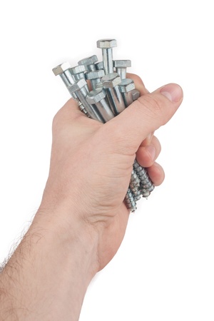 Steel screw in hand isolated on whiteの写真素材