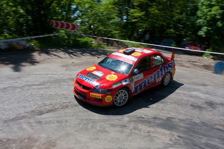 Yalta, Crimea, UKRAINE - JUNE 4, 2011: Champion of Ukraine Valeriy Gorban driving his Mitsubishi EVO 9 (N4 group) at "IRC Prime Yalta-Rally 2011". Ascania Racing Teamのeditorial素材