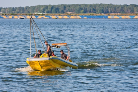 VYSHGOROD, UKRAINE - JULY 30: safety boat in the Grand Prix of Ukraine F1H2O UIM World Championship for power boating, July 30, 2011. Vyshgorod, Kyiv Region.のeditorial素材