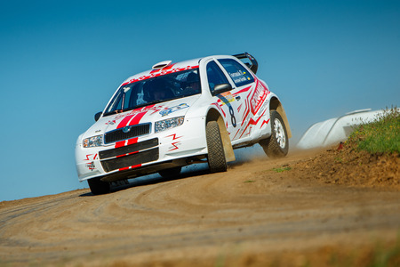 ODESSA, UKRAINE - APRIL 17: Gontovoi Pavel driving his car Skoda Fabia Sport  at the 1-st stage "Severinov" of the championship of Ukraine "Liman Cup" on April 17, 2016 in Odessa, Ukraine.のeditorial素材