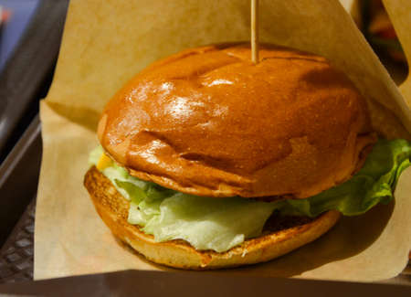 A healthy chicken burger on a bun with saladの写真素材