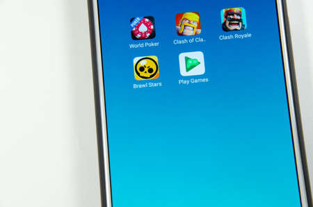 April, 2019. Kramatorsk, Ukraine. Brawl Stars gameplay on a white smartphone in hands