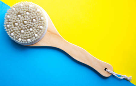 Dry massage. Brush made of natural cactus bristles, animals. Massage brush on a blue and yellow...