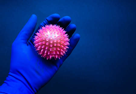 The male hand in sterile blue medical gloves holds in his hand, in his palm, the virus is squeezed...