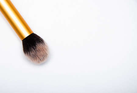 Large fluffy makeup brush with gold pen and black edge. The brush lies on a white background in...