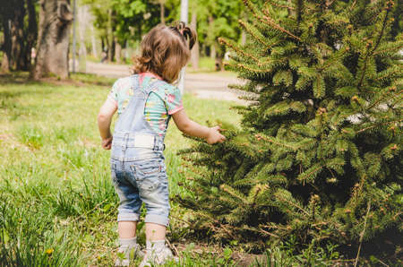 May 2020. Kiev Ukraine. A little girl plays outside in a park, collects plants on a sunny day in denim overalls and a T-shirt with a print LOLの写真素材