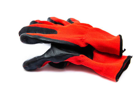 Gloves for workers, construction red with black rubber coating. Black-red gloves. Gloves on a white background, palm up, down. Glove on gloveの写真素材