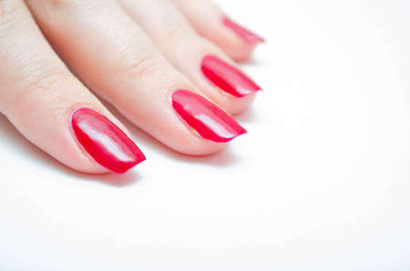 Manicure at home. DIY manicure. The girl paints herself nails in red, burgundy. Glossy nail polish. Macro in macro. Brush is applying varnish on the nail in a strong large zoom on a white backgroundの写真素材