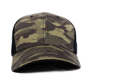 Men's two-tone cap on a white background. The baseball cap is black at the back, front and visor of the military workshop, khaki camouflage. Men's black cap with camouflage in macro. Side view, stern, top. Cap closure, button on top, ventilation holeの写真素材