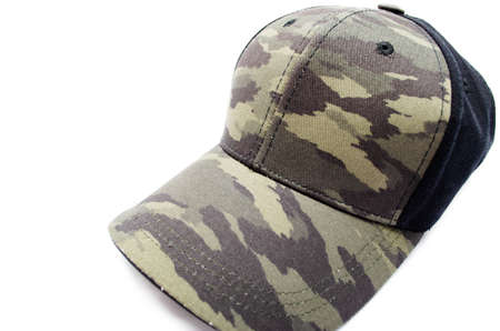 Men's two-tone cap on a white background. The baseball cap is black at the back, front and visor of the military workshop, khaki camouflage. Men's black cap with camouflage in macro. Side view, stern, top. Cap closure, button on top, ventilation holeの写真素材