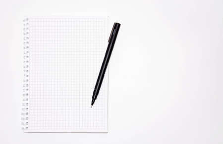 Squared notebook with black pen on a white background. Record ideas, notes, plans, tasks. Notebook top and side view. Flatlay Copy spaceの写真素材