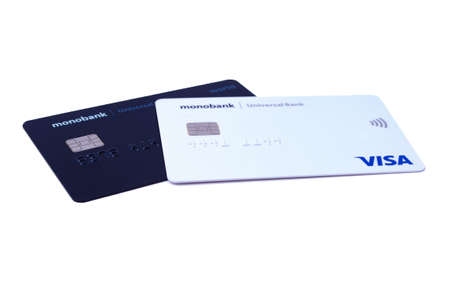 White and black card Monobank. Plastic debit black and white card on a white background. Monobank. July, 2020. Kiev, Ukraineのeditorial素材