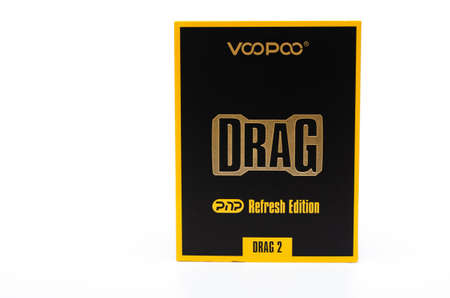 Box mod Drag 2 refresh edition with Pnp tank on a white background. Voopoo drag 2. Box mod packing, black-red in macro and in hands. July 2020. Los Angeles, USAのeditorial素材