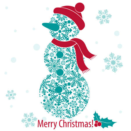 Merry Christmas and Happy New Year card with snowman from snowflakes.のイラスト素材