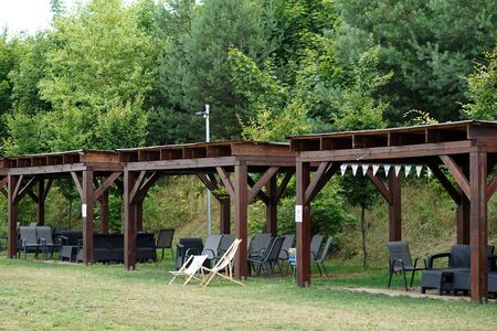 wooden gazebos in an amusement parkの写真素材
