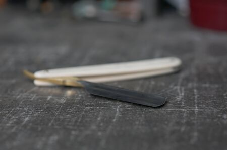 traditional razor with plastic handle and gold platingの写真素材