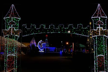 Rosnowko, Wielkopolska, Poland - 02-07-2020: Deli Park - compositions from lights at nightのeditorial素材