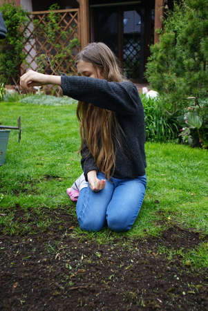 a girl sows grass in her home gardenの写真素材