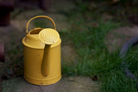 watering can in garden on stonesの写真素材
