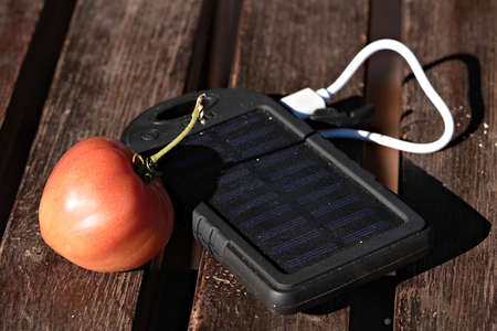 solar power bank and tomato on wooden table in full sun