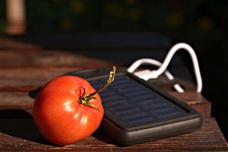 solar power bank and tomato on wooden table in full sun