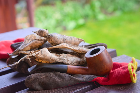 Wooden, traditional smoking pipe lying on the table on the terraceの写真素材