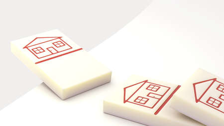 3d illustration. Falling domino with house symbols