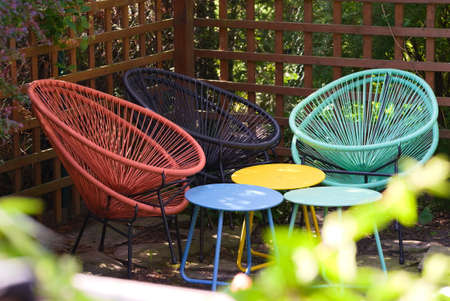 rope chairs and tables in the garden gazeboの写真素材