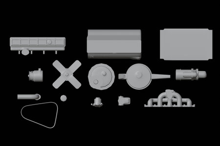 3d illustration. Parts of old car straight inline engine