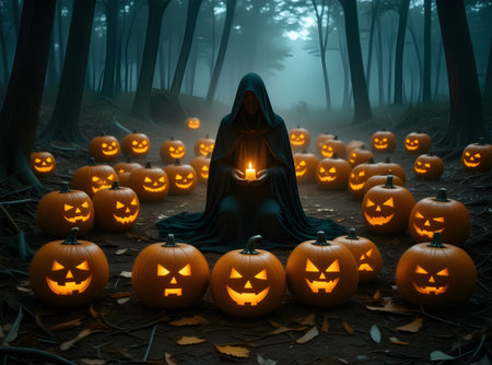Halloween pumpkins with witch in the forest. 3d renderingの素材