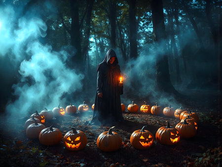Halloween witch with burning candle and pumpkins in the dark forestの素材