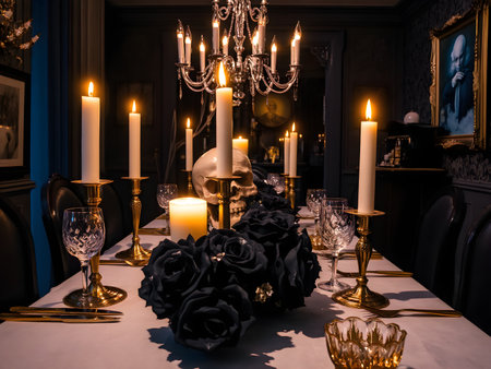 Ultra-realistic Victorian dining room illuminated by candlelight, with black roses, skull centerpieces, and golden tableware creating a luxurious Halloween ambience. Perfect for editorial, design, or moody seasonal projects. Part of theの素材