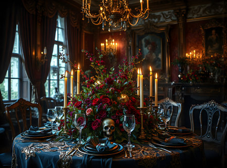 An elegant gothic-style dining room with a luxurious Halloween dinner setup. Candles, skull decorations, and dark red roses create a mysterious, romantic atmosphere.の素材