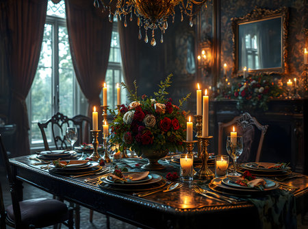 An elegant gothic-style dining room with a luxurious Halloween dinner setup. Candles, skull decorations, and dark red roses create a mysterious, romantic atmosphere.の素材