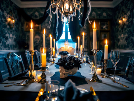 Ultra-realistic Victorian dining room illuminated by candlelight, with black roses, skull centerpieces, and golden tableware creating a luxurious Halloween ambience. Perfect for editorial, design, or moody seasonal projects. Part of theの素材