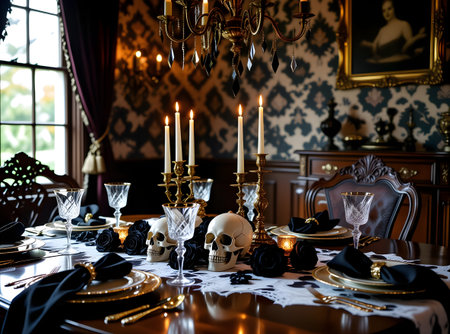 Ultra-realistic photo of an elegant Victorian dining room set for a luxurious Halloween dinner, with skull centerpieces, black roses, candlelight, and crystal glasses. Perfect for upscale holiday design concepts and luxury branding. Part of theの素材