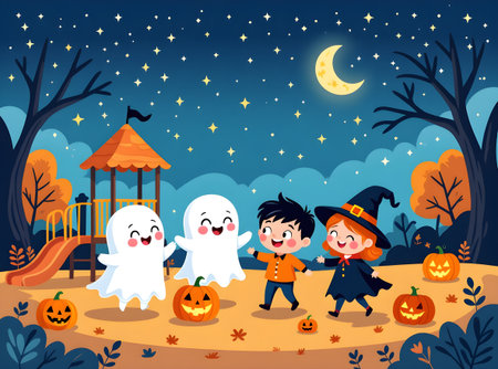 Happy children and cheerful little spirits gather around glowing jack-o?-lanterns beneath a bright moon, creating a cozy, playful Halloween scene. This image is part of the ?Spooky Friends at the Playground? series.の素材