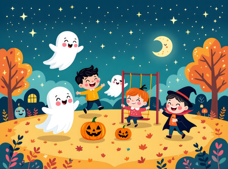 Happy children and cheerful little spirits gather around glowing jack-o?-lanterns beneath a bright moon, creating a cozy, playful Halloween scene. This image is part of the ?Spooky Friends at the Playground? series.の素材