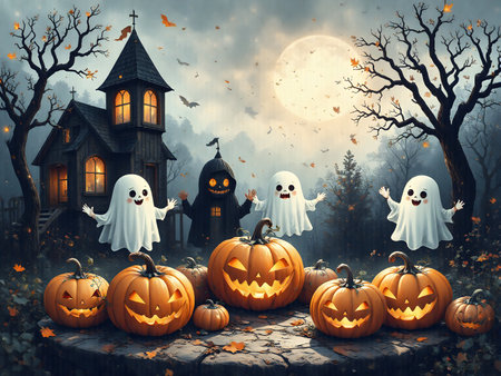 Cute scene of friendly ghosts, pumpkins and little witches under a bright full moon in a cozy village setting; Kid-safe style ideal for stickers, posters and classroom printables. This image is part of the ?Spooky Friends at the Playground? series.の素材